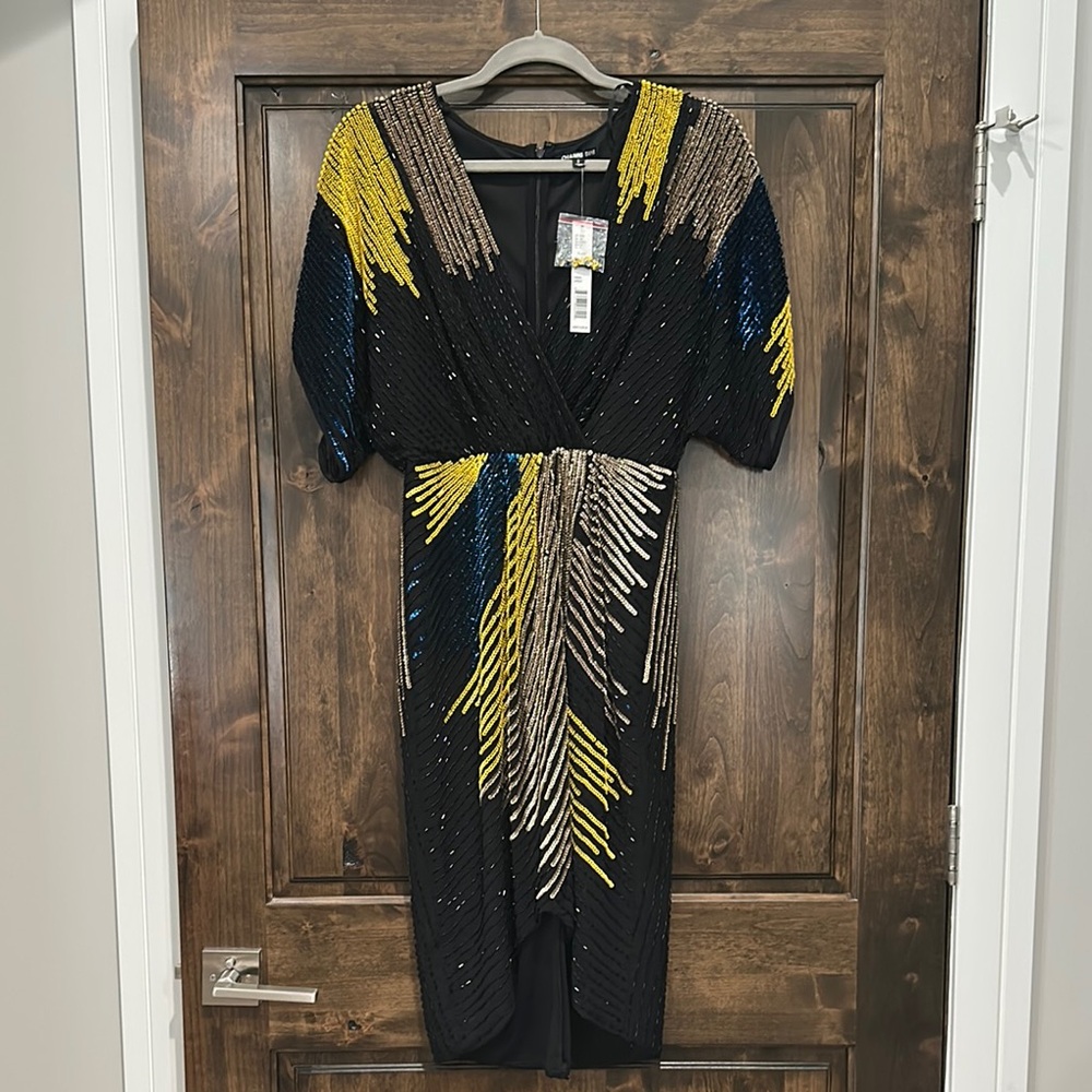 Gianni Bini Black and Yellow Pleated Tiered Midi Dress - Picture 2 of 5